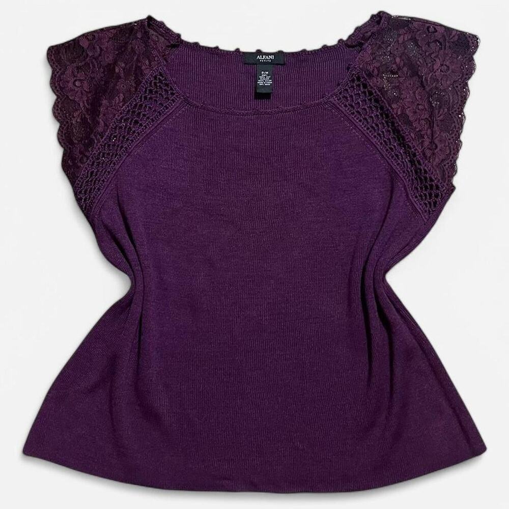 VTG Y2K Alfani Eggplant Purple Silk Ribbed Floral Lace Sleeve Dark Femme Top M/L